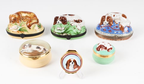 Six Porcelain and Enamel Dog Trinket Boxes, Limoges, Bilson & Battersea, Crummles Etc