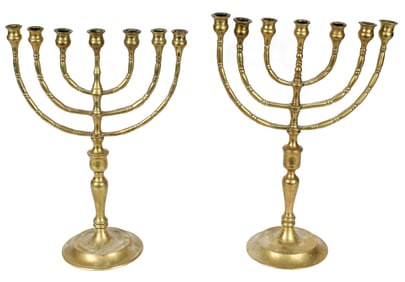 Two Large Brass Menorah, Seven-Arm, Judaica