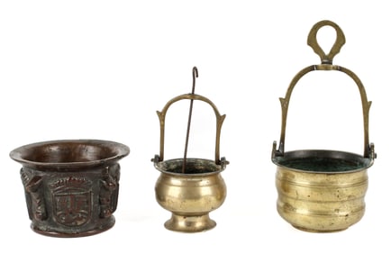 Antique Brass Holy Water Buckets, Bronze English Mortar, Etc.