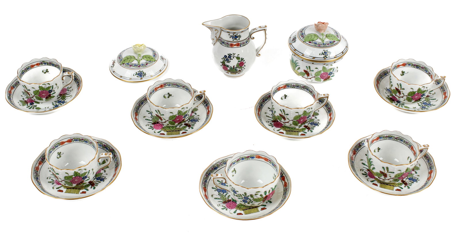 Herend Porcelain Indian Basket / East Indies Flowers, 17 Pcs. (1 of 3)