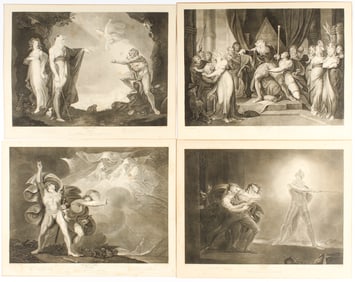 Four Antique English Shakespeare Etchings, Tempest, King Lear, Hamlet, MacBeth
