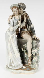 Lladro Lovers From Verona Romeo & Juliet Porcelain Figurine: Description: A large figural group depicting Romeo and Juliet. Materials: PorcelainMarkings & Inscriptions: MarkedDate: Mid 20th century Maker: Lladro Dimensions: 15.5" x 8".Provenance: From a King of