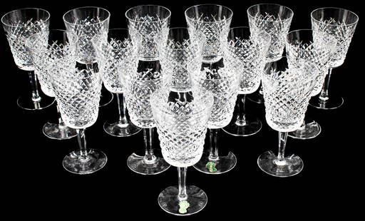 Sixteen Waterford Alana Water Goblets: Description: A group of sixteen cut crystal water goblets in the Alana pattern by Waterford. Materials: Glass, crystal Markings & Inscriptions: MarkedDate: Late 20th century Maker: Waterford Dimension