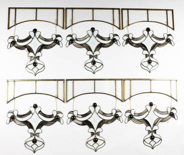 Stained Glass Window Decorations / Hangers: Description: A group of six vintage stained glass window hangers with associated brass mounted panels. Materials: Glass, brass Markings & Inscriptions: UnmarkedDate: late 20th / early 21st centuryMake