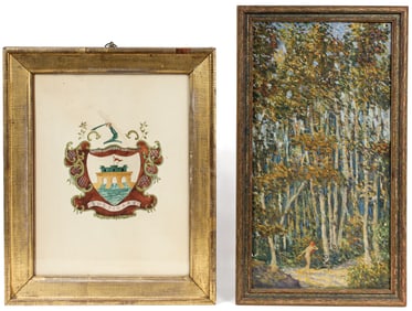 Antique Italian Heraldic Watercolor "Sustinare," Art Nouveau Painting, Maiden