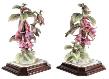 Dorothy Doughty Royal Worcester Porcelain Ruby Throated Hummingbird Figurines: Description: A bisque porcelain male and female pair of Ruby Throated Hummingbirds amidst Fuchsia, designed by Dorothy Doughty for Royal Worcester porcelain ca. 1941 / 1942. Materials: Porcelain Marki