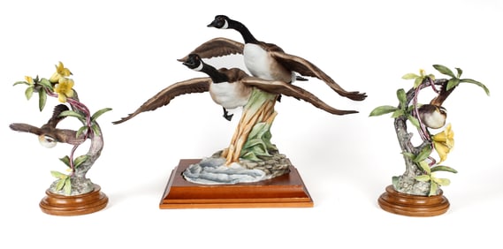 Royal Worcester / Kaiser Porcelain, Bewick's Wren & Yellow Jasmine Pair, Canada Geese