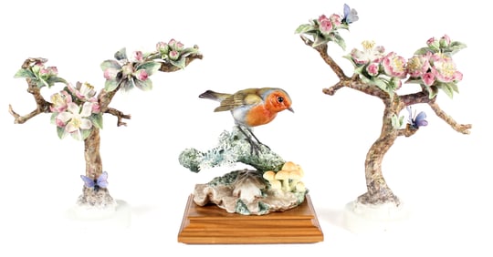 Dorothy Doughty Royal Worcester Porcelain, Robin, Crabapple Spray & Butterfly Pair