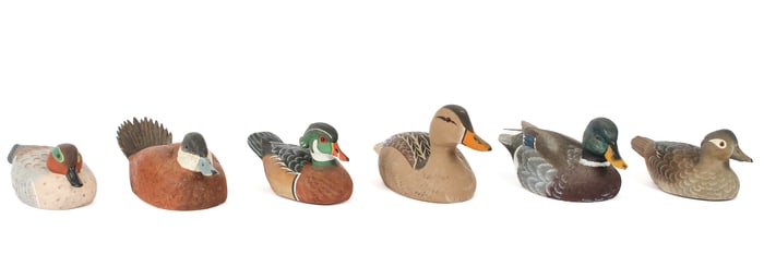 Six Vintage Duck Decoys, Joe Rovello, William Veasey
