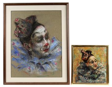 Blanche Rothschild (American/NY, 1893-1988) Two Clown Paintings, Oil & Pastel