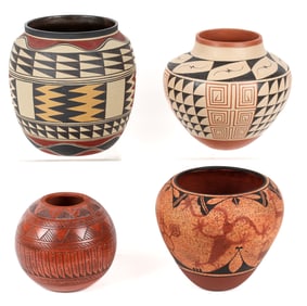 Four Southwest Native American Pottery Vessels, Jars, Jemez, Zia