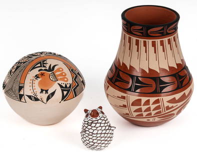 Yolanda Trujillo Acoma Pueblo Seed Pot, Loretto Vase, Owl: Description: A group of three Native American Pueblo Pottery articles to include: a Yolanda Trujillo, Acoma, NM signed pottery seed pot, a Carol Loretto, Jemez, NM signed vase, and an Erma Kalestewa H