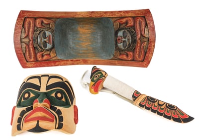 Pacific Northwest Indigenous Carved Feast Bowl, Mask, Knife