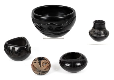 Frances Salazar, Santa Clara Pueblo Blackware Pottery Avanyu Bowl, Gutierrez Etc.