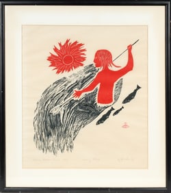 Peter Aliknak (Inuit, 1928-1998) Spearing Fishes, Signed Stone Cut Print