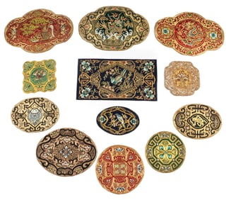 Twelve Chinese Silk Metallic Thread Embroidered Mats, Golden Cloud