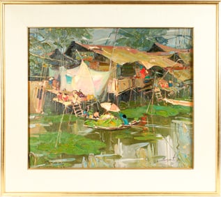 Sujarit Hirankul (Thai, 1946-1982) Fishing Village, Oil on Canvas Painting