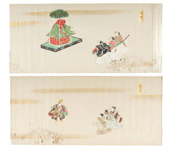Two Antique Edo Period Japanese Tosa School Paintings: Description: Two narrative gouache paintings on paper, each with moisture damage around the margins. The paintings are attached by a central seam. Materials: Paper Markings & Inscriptions: Stamped wit