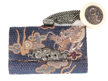 Japanese Meiji Period Dragon Embroidered Tobacco Pouch