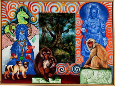 Christine McGinnis (American, 1937-2019) Monkeys With Idol, Acrylic on Canvas Painting