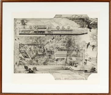 Peter Milton (American, B. 1930) A Sky Blue Life, Signed Etching: Description: A surreal etching depicting various figural, architectural, mechanical, and naturalistic elements. Materials: Paper Markings & Inscriptions: Signed, dated, and numbered 11/20 Date: 1976 M