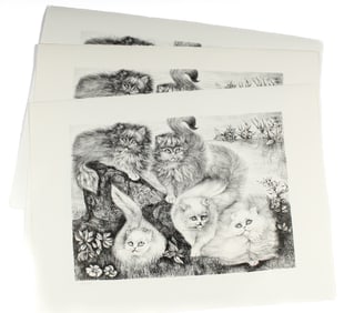 Christine McGinnis (American, 1937-2019) Eleven Large Cat Etchings "In The Garden"