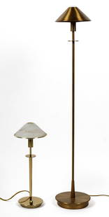 Holtkotter Leuchten Brass Floor Lamp, Table Lamp: Description: Two modern brass lamps, the table lamp having an opaque glass shade. Materials: Brass, glassMarkings & Inscriptions: Labeled Date: Contemporary Maker: Holtkotter LeuchtenDimensions: Table