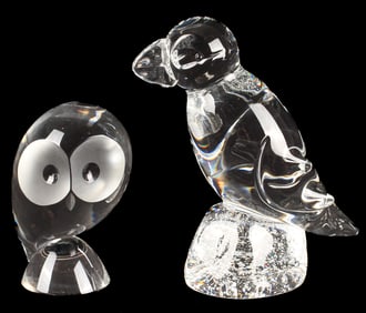 Steuben Signed Art Glass Owl and Puffin Sculptures