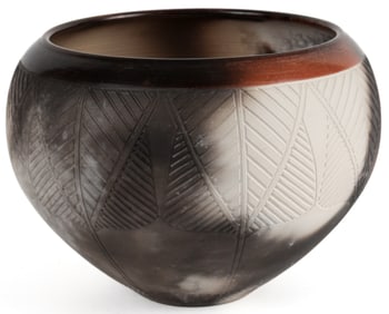 Nancee Meeker Signed Raku Art Pottery Geometric Bowl