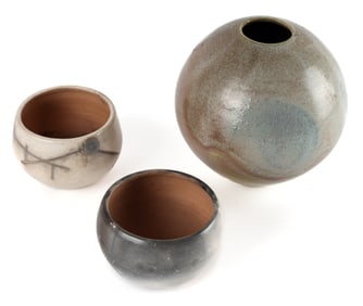 Nadine Karnow (American, 1942-2009) Two Art Pottery Bowls, Drip Glaze Vase