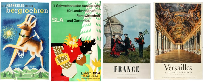 Four Vintage Color Posters, Luzern, Bergtochten, France Etc.