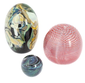 Three Studio Art Glass Paperweights, Smyers, Russell