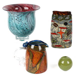 Four Studio Art Glass Objects, Incl. Bernard Katz, Henry Levine: Description: A group of 4 art glass vases and pitchers etc. to include: a Henry Levine pitcher, a Bernard Katz turquoise swirl vase, a Kenny Walton contemporary abstract vase, and a Mark Matthews swir