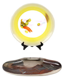 Studio Art Glass Charger, Contemporary Abstract Vase: Description: Two contemporary art glass objects, one being a plate/charger in pastel pink, yellow and blue hues signed "Anton" and a large oblong contemporary design vase. Materials: Glass Markings &