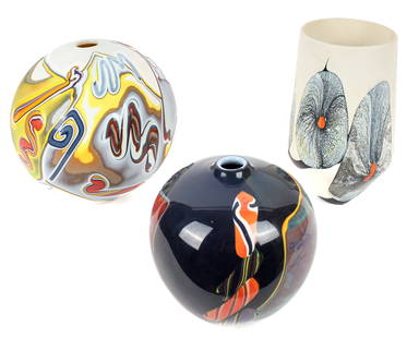 George Thiewes (American, B. 1943) Three Art Glass Vases: Description:Three contemporary studio art glass vases, one being cased glass with coloful geometric panels and striped candy canes etc, another a cased glass spherical ball/bowl with layers of abstrac