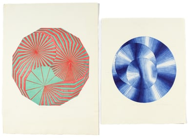 Berenice Benjelloun, Two Mid-Century Abstract Color Etchings "Circle Forms," "Triple Forms"