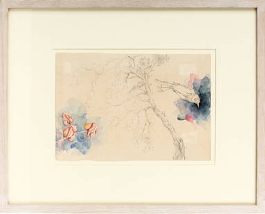 Paolo Colombo (Italian, B. 1949) Watercolor and Graphite Drawing: Description: A lyrical work depicting flowers, a tree, and a bird by self-taught Italian artist Paolo Colombo, who worked as a curator throughout the United States and Europe during the late 20th cent