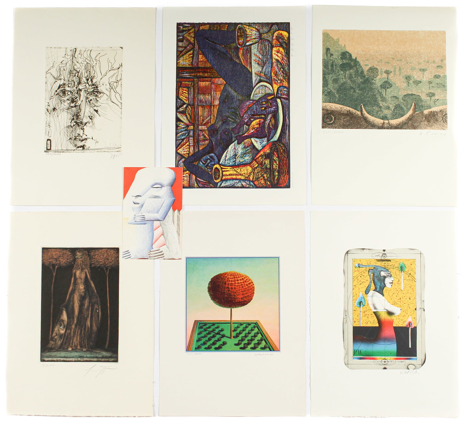 Signed Prints Incl. Horst Janssen, Rudolf Hausner, Paul Wunderlich, Etc.: Description: A group of surreal prints, each numbered 3311/10000, including a self portrat etching by Horst Janssen, a surreal lithograph of a female nude by Paul Wunderlich, "Flora Okuli" by Ernst Fu