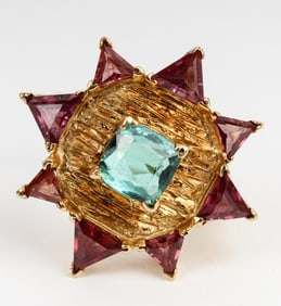 18k Yellow Gold Star Shaped Tourmaline & Rhodolite Garnet Ring