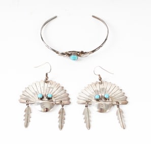 Roger Skeet Navajo Silver And Turquoise Earrings And A Silver And Turquoise Bracelet