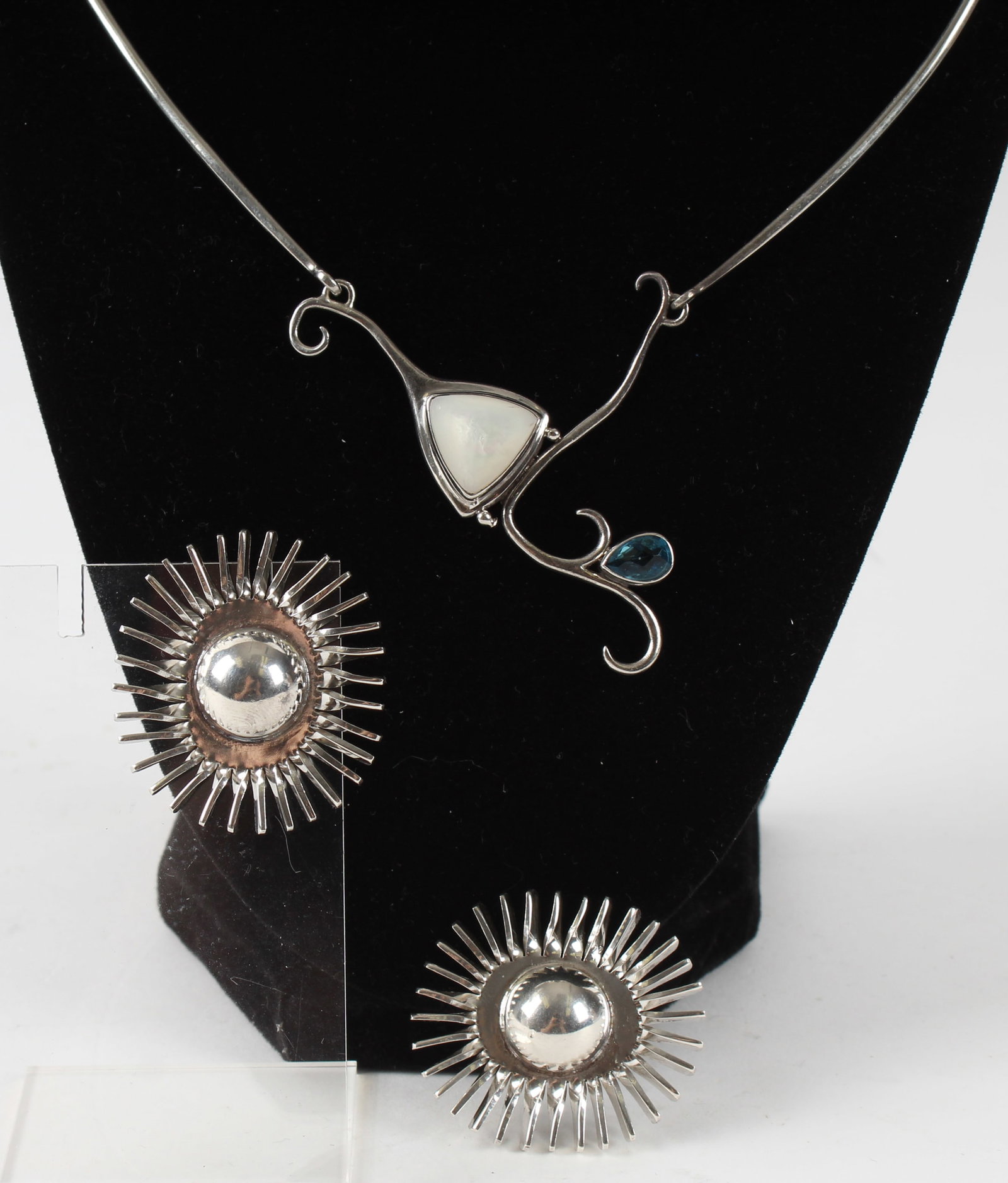 Taxco Mexico TA-73 Silver Earrings And An Artisan Silver, Mother Of Pearl And Semi-Precious Stone: Description: Taxco Mexico TA-73 silver pierced earrings and an artisan silver, mother of pearl and semi-precious stone choker necklace. Markings & Inscriptions: 925, TA-73, Mexico Date: Early 21st cen