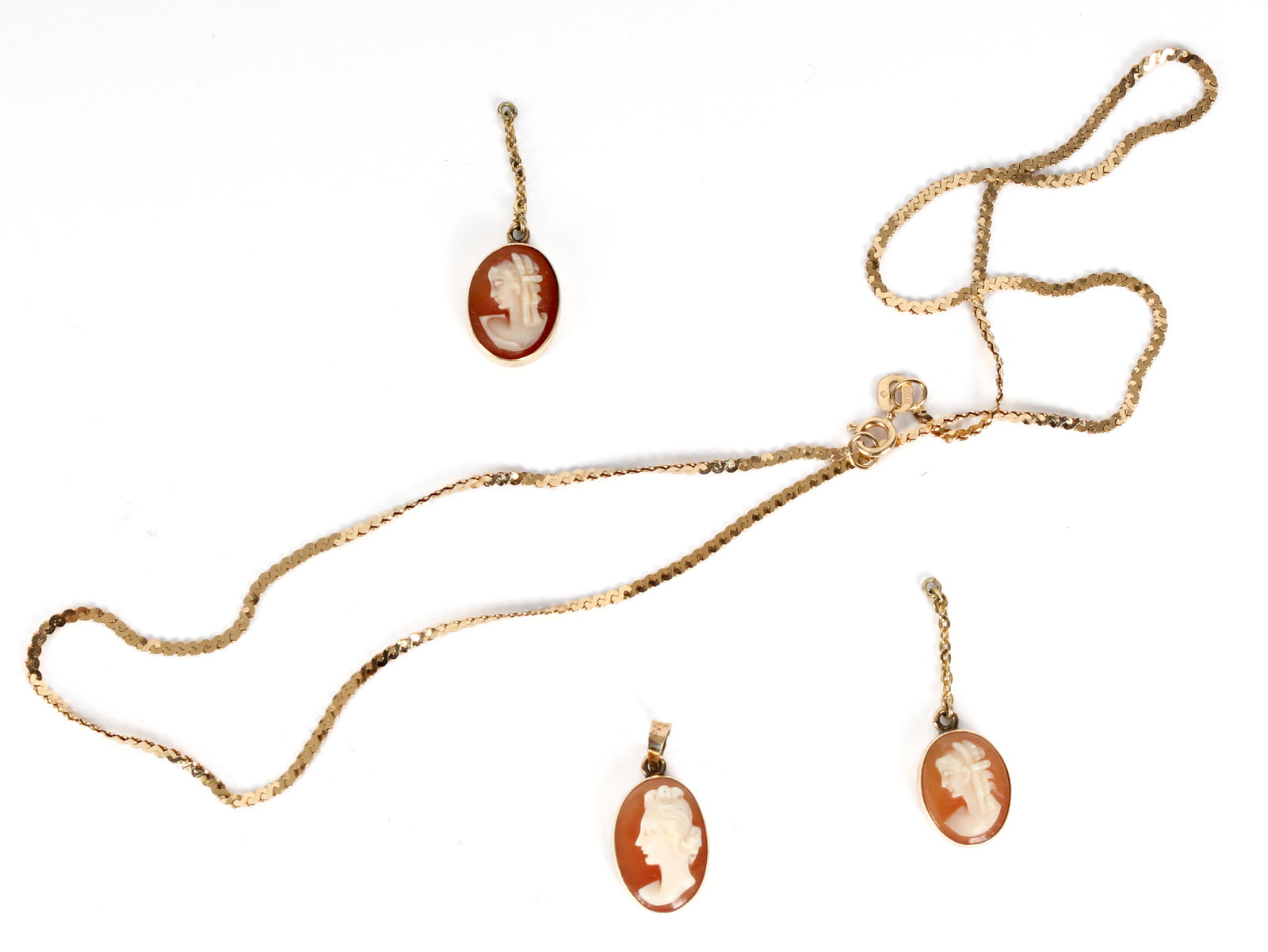 A 14K Gold Serpentine Link Chain Necklace And Three 14K Gold Accented Cameo Pendants (1 of 5)