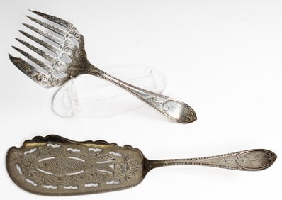 Hand-Chased Coin Silver Fish Slice and Serving Fork, J. Hayden, Georgia