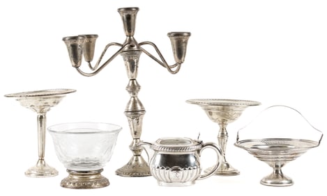 A Group of Weighted Sterling Silver and Silverplate Objects, Tazzas, Basket, Candleabra