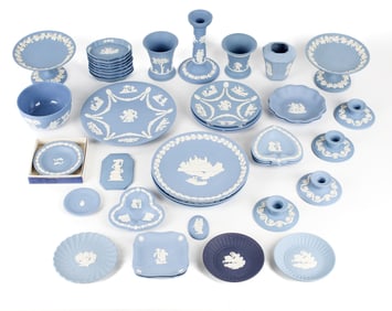 Group of Forty-One Pieces of Blue Wedgwood Jasperware, Various Forms