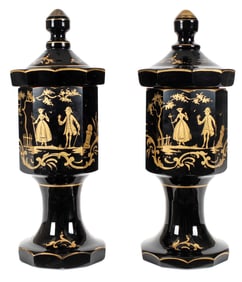 Pair of Bohemian Amethyst Glass Covered Pokals with Gilt Decoration