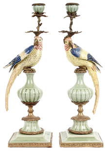Pair of Mark Roberts Parrot Bird Candle Holders: Description: A pair of Mark Roberts Parrot Bird candle holders, porcelain and bronze, on a square stepped base. Markings & Inscriptions: Marked to the undersides Date: 20th century Maker: Mark Roberts