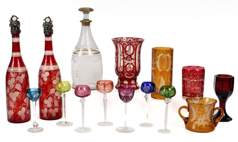 Bohemian Glass Incl. 19th Century Decanter, Enameled Beaker
