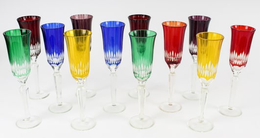 A Group of Twelve Bohemian Cut-to-Clear Champagne Flutes, in Six Colors