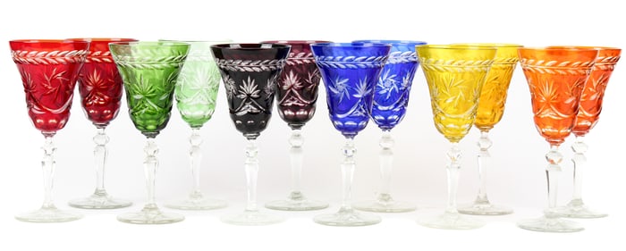 Twelve Bohemian Cut-to-Clear Wine or Sherry Glasses, in Six Colors